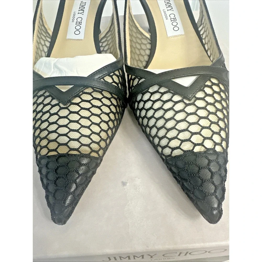Jimmy Choo Size 40 US 10 Amita 45‎ Slingback Kitten Heel Pumps Fishnet Ballerina